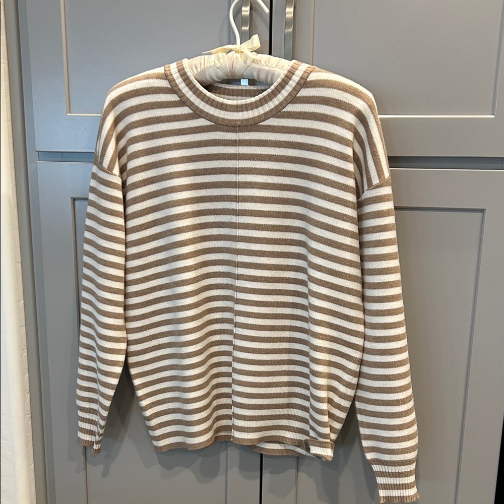 Splendid Men's Beige and White Striped Crewneck Sweater
